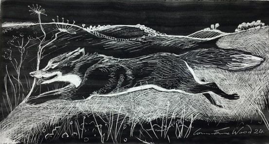 Foxy on an Adventure - Glass Sgraffito A running fox in a stylised landscape with trees and grass.